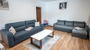 a living room with a blue couch and a table at Apartamenty Sun & Snow Nad Potokiem in Krynica Zdrój