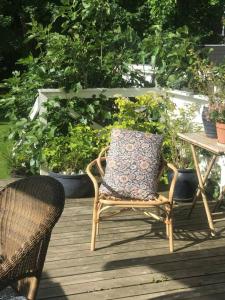 einem Stuhl neben einem Tisch mit Pflanzen in der Unterkunft Smukt, sjælfuldt og charmerende hus midt i Odense. in Odense