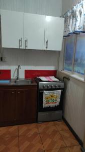 a kitchen with a stove and a sink at Cabañas y hostal sol de oriente in Puerto Montt