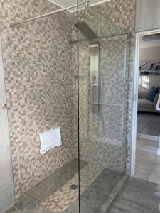een douche met een glazen deur in de badkamer bij Jay's Snug in Knysna