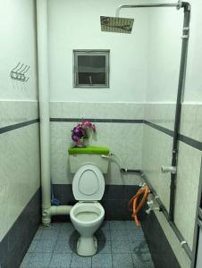 un bagno con servizi igienici, finestra e fiori di Homestay HNH Melaka (Corner Lot) a Malacca