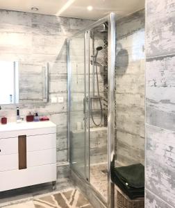 een badkamer met een douche en een wastafel bij Appartement moderne au centre de Paris, 3ème in Parijs