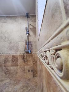 y baño con ducha y pared de piedra. en Youtopia Riverside en Stara Zagora