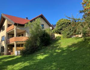 ein Haus auf einem grünen Hügel mit einem Hof in der Unterkunft Schwarzwald-Oase für bis zu 10 Personen in Dornstetten