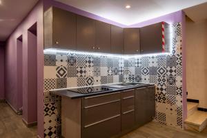 uma cozinha com um lavatório e uma parede de azulejos em Au son des cigales em Avignon