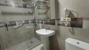 a bathroom with a sink and a shower and a toilet at Hotel Rural Martin in Baños de Montemayor