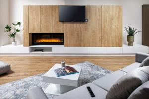 a living room with a tv and a fireplace at Skylark Central Aparthotel in Braşov