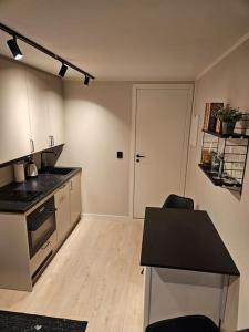 a kitchen with a counter top and a stove top oven at Studio apartment in Tromsø