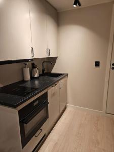 a kitchen with white cabinets and a black stove top oven at Studio apartment in Tromsø