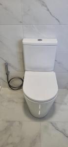a white toilet in a bathroom with a hose at Quinta Shiamar in Quarteira