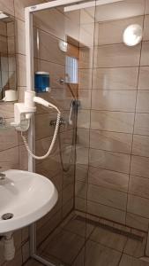 W łazience znajduje się prysznic i umywalka. w obiekcie Darázshegyi Faház w mieście Mátraszentimre