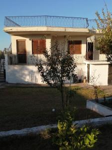 a small tree in front of a white house at Cozy Rodas House 1 in Skála