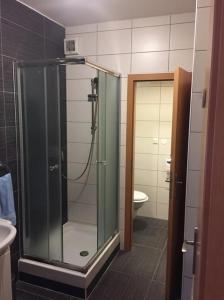 een badkamer met een glazen douche en een toilet bij Mezonetové apartmány Lea a Laura Donovaly in Donovaly