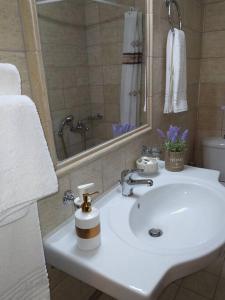 een badkamer met een witte wastafel en een spiegel bij STYGA APARTMENTS in Kalavrita