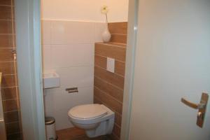 ein kleines Badezimmer mit Toilette und Waschbecken in der Unterkunft Liguster 59* in Nieuwvliet + 23 Fotos