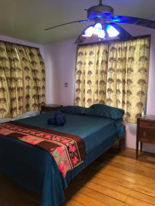 una camera con letto e ventilatore a soffitto di Limericks by the Sea a Savusavu