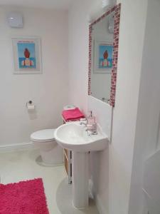 a white bathroom with a sink and a toilet at Astella Lodge. in West Quantoxhead +13 photos