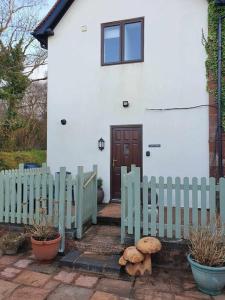 a green fence in front of a white house at Astella Lodge. in West Quantoxhead