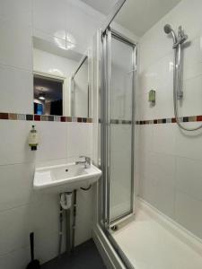 a bathroom with a sink and a shower at Single Bright Studio Flat in King's Cross in London