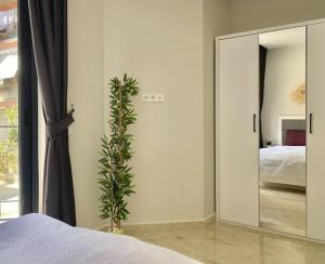 een slaapkamer met een spiegel en een plant naast een bed bij Jasmin 3 in Alanya