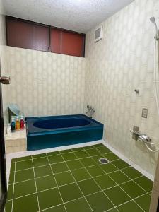 La salle de bains est pourvue d'une baignoire et d'un sol vert. dans l'établissement ロビンホテルRobin Hotel, à Yachimata