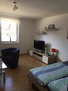 1 dormitorio con 1 cama y TV en Fewo Claudia - ABC332, en Neuburg