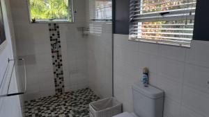 een kleine badkamer met een toilet en een raam bij Sunshine Cottage in Pennington