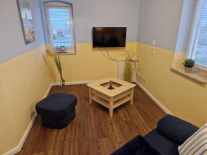 ein Wohnzimmer mit einem Sofa, einem Tisch und einem TV in der Unterkunft Finca Wismaria - Wismar s Wohlfühlplatz - ABC353 in Wismar