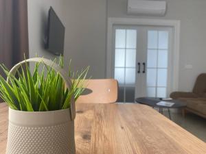 a living room with a table with a plant on it at Jasmin 4 in Alanya
