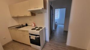 a kitchen with a stove and a counter top at Penzion Bílovice in Velké Bílovice