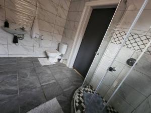 uma casa de banho com um chuveiro, um WC e um lavatório. em Private outside room with own bathroom em Joanesburgo