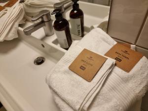 een badkamer met handdoeken op een wastafel met een spiegel bij Kjellerleilighet egen inngang. in Stange