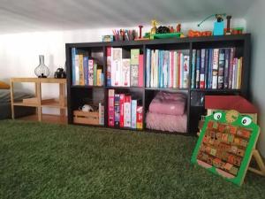 a book shelf filled with books in a living room at SweetHome Brno - celý byt in Komárov