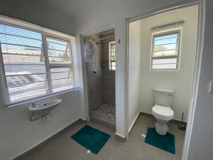 a bathroom with a toilet and a shower with blue rugs at No 1 Guest house in Cape Town