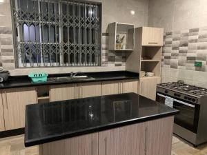 een keuken met een zwart aanrecht en een fornuis bij Family & Friends Apartments in Miocho