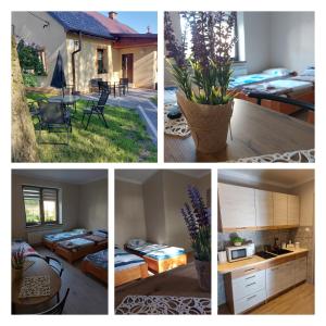 un collage de fotos de una casa con camas y un patio en Lawendowy zakątek en Graboszyce