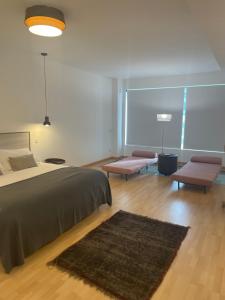 ein Schlafzimmer mit einem Bett, zwei Bänken und einem Teppich in der Unterkunft Soho Moraleja II duplex in Alcobendas