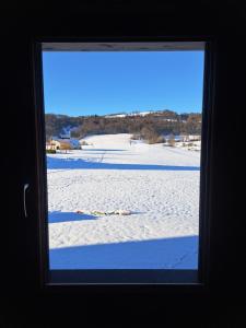 uma janela com vista para um campo coberto de neve em Chez Sof et Flo em Bugny