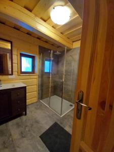 La salle de bains est pourvue d'une douche avec une porte en verre. dans l'établissement Drevenica Čertovica, à Vyšná Boca