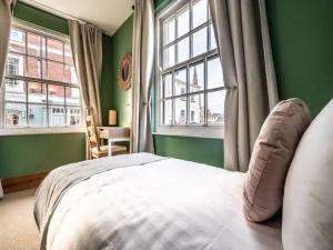 a green bedroom with a bed and two windows at Pass the Keys Modern central flat with character features in Exeter