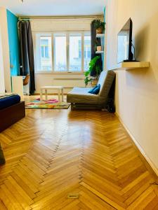 sala de estar con sofá y suelo de madera en Buda Apartman near Gellért, en Budapest