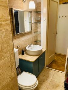 y baño con lavabo, aseo y espejo. en Buda Apartman near Gellért, en Budapest