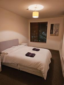 a bedroom with a white bed and a window at Penthouse Apartment in Kilkenny