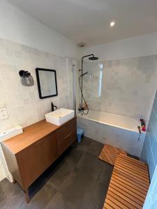 W łazience znajduje się umywalka i wanna. w obiekcie Maison de Famille - Lac de Grand-Lieu, Passay w mieście La Chevrolière