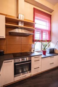 une cuisine avec une cuisinière et une fenêtre dans l'établissement Kelemen Apartment, à Szeged