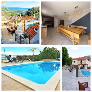een collage van foto's van een zwembad en een huis bij Holiday House Above with pool in Klis
