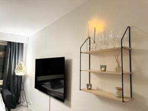 ロヴァニエミにあるCozy City Apartmentの棚とテレビが備わる壁の部屋
