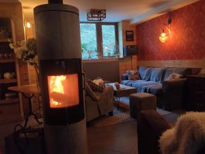 ein Wohnzimmer mit einem Holzofen in der Unterkunft Les Chemins du Léman in Novel