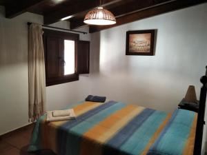 Pina de Montolgrao的住宿－Casa la Cisterna，一间卧室配有一张带彩色毯子的床