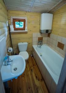 a bathroom with a toilet and a tub and a sink at Domki Kątno in Stare Jabłonki